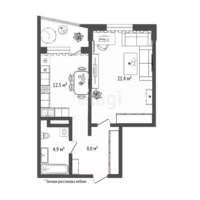 1-к кв. Тюменская область, Тюмень Заречный проезд, 39А (46.8 м) - Фото 2