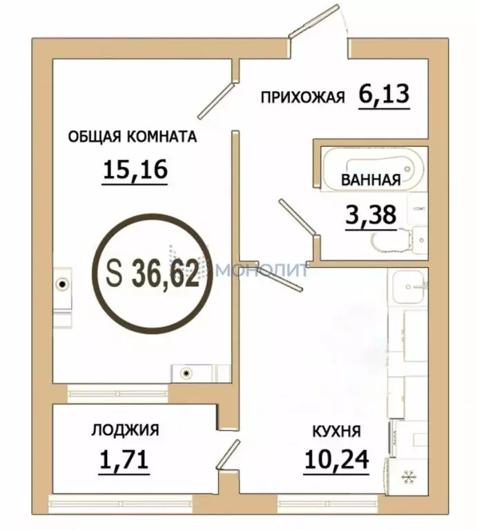 1-комнатная квартира: село Семёновка, Молодёжная улица, 1Г (37 м) - Фото 1