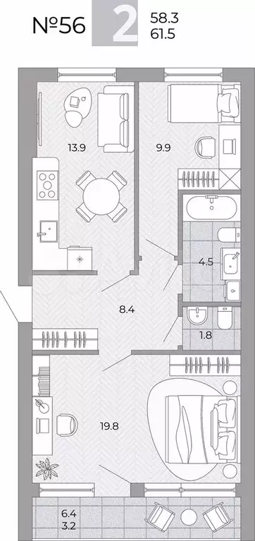 2-к. квартира, 61,5 м, 1/4 эт. - Фото 0