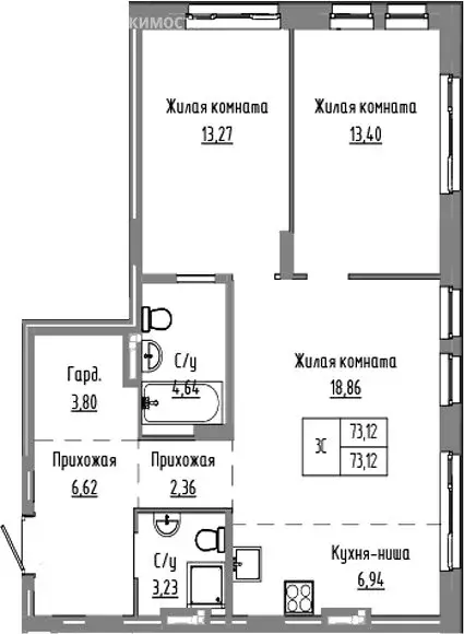 2-комнатная квартира: Краснообск, жилой комплекс Базилик (73.12 м) - Фото 1