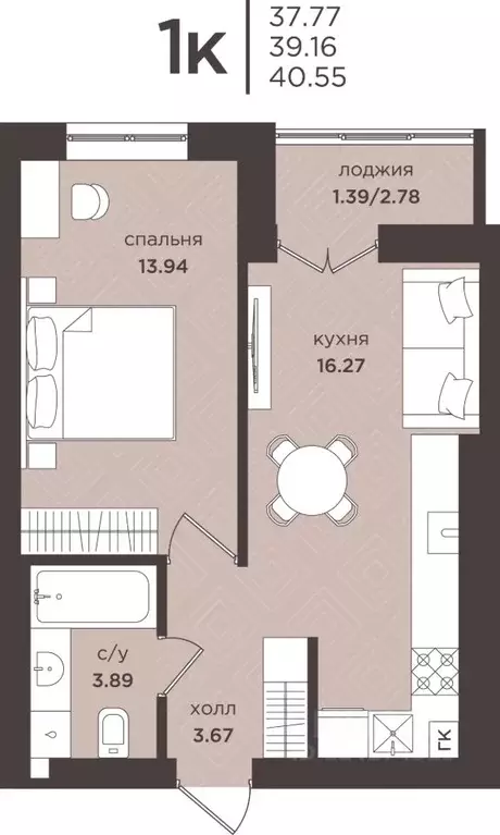 1-к кв. Калининградская область, Гурьевск  (39.16 м) - Фото 0