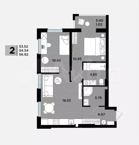 2-к. квартира, 56,9 м, 1/5 эт. - Фото 1