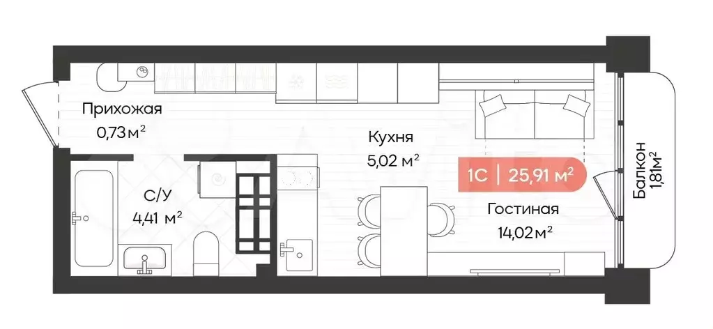 Квартира-студия, 25,9 м, 15/20 эт. - Фото 0
