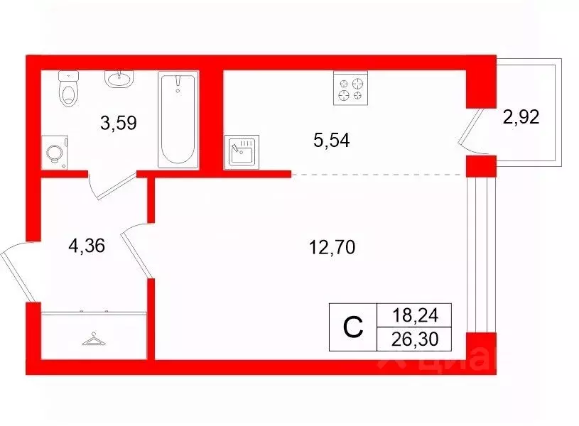 Студия Санкт-Петербург Комендантский просп., 58к1 (26.3 м) - Фото 2