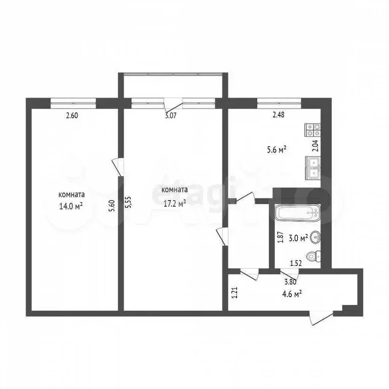 2-к. квартира, 45,8 м, 2/5 эт. - Фото 0