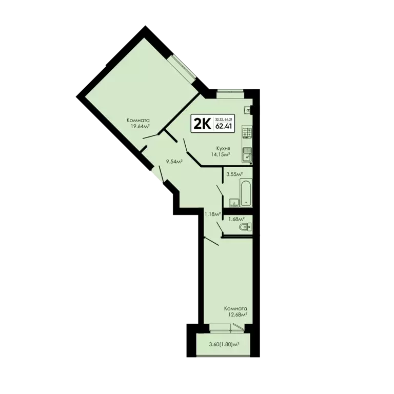 2-к квартира, 62.41 м - Фото 0