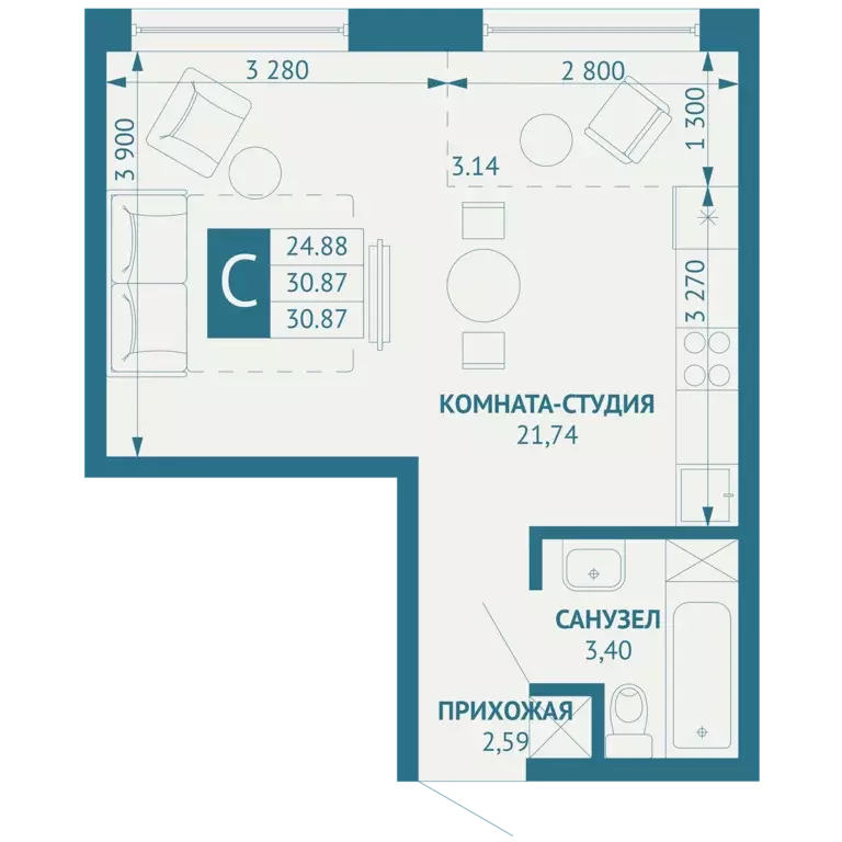квартира-студия, 30.87 м - Фото 0