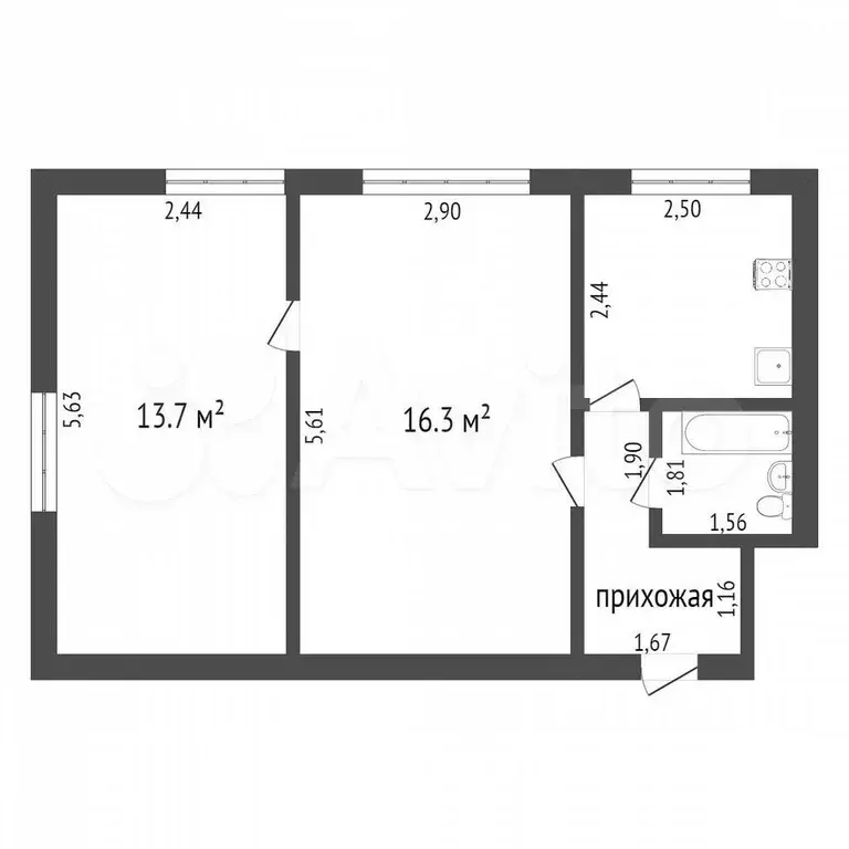 2-к. квартира, 38,9 м, 2/2 эт. - Фото 0