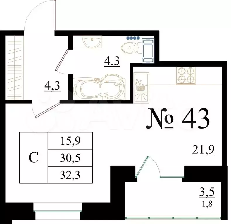 квартира-студия, 32,3 м, 5/8 эт. - Фото 0