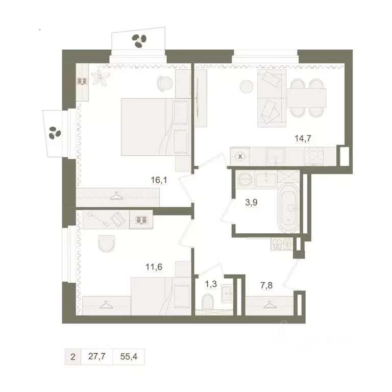2-к кв. Башкортостан, Уфа Родина Парк жилой комплекс (55.4 м) - Фото 0