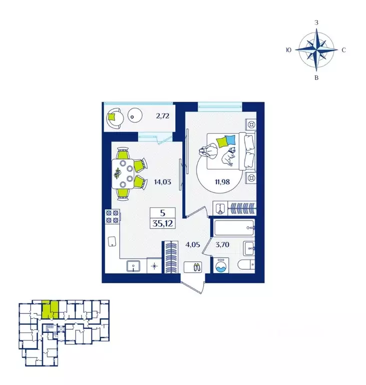1-к кв. Калининградская область, Зеленоградск  (35.12 м) - Фото 1