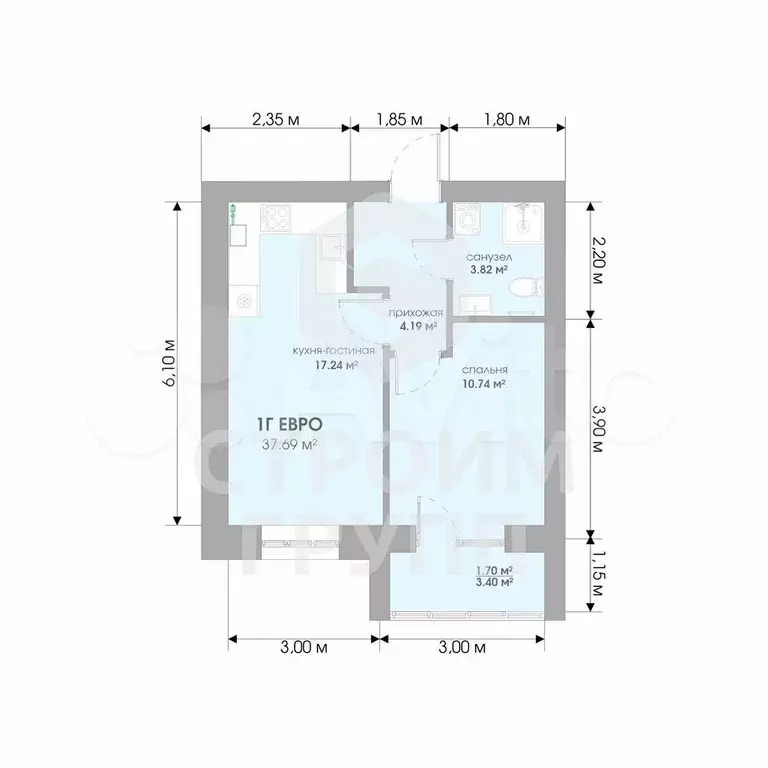 1-к. квартира, 37,7 м, 1/3 эт. - Фото 1