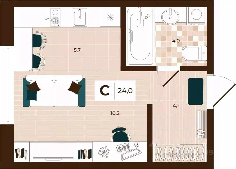 Студия Тульская область, Тула ул. Академика Насоновой, 3 (24.0 м) - Фото 1