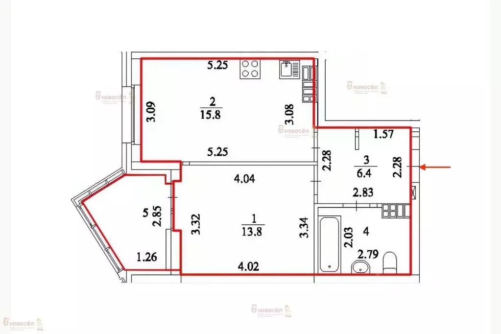 Квартира, 1 комната, 44.2 м - Фото 1