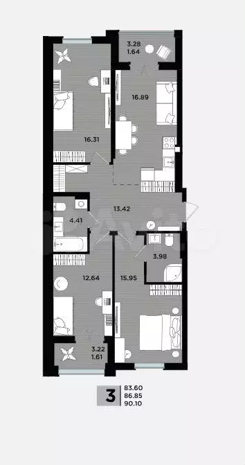3-к. квартира, 86,9 м, 2/5 эт. - Фото 1