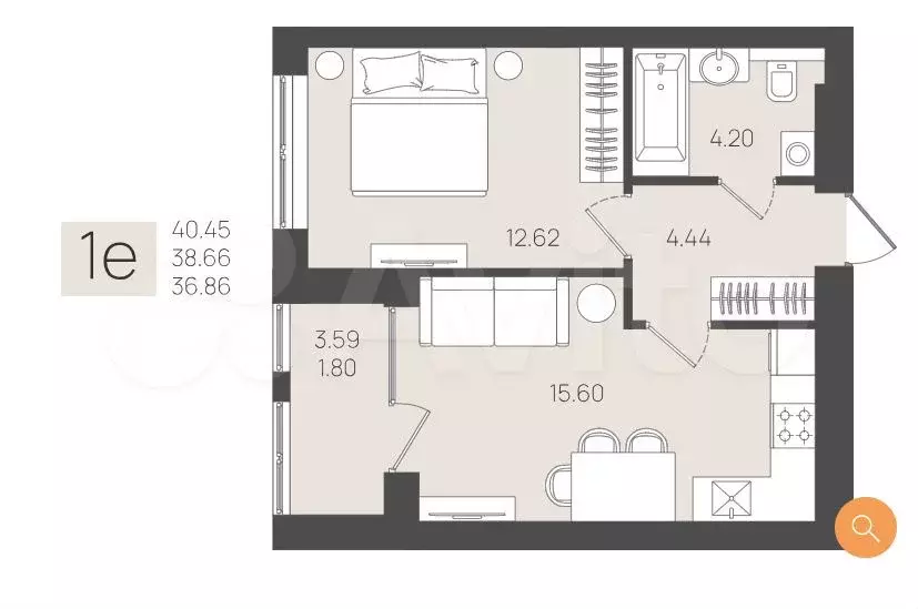 1-к. квартира, 38,7 м, 5/9 эт. - Фото 1