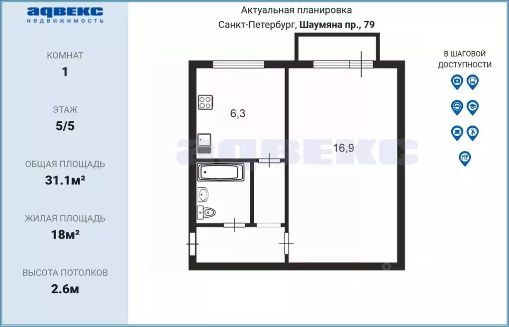 1-к кв. Санкт-Петербург просп. Шаумяна, 79 (31.1 м) - Фото 1