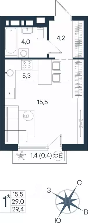 Студия Пермский край, Пермь ул. Космонавта Беляева, 17 (29.4 м) - Фото 1