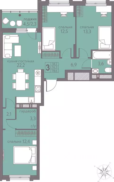 3-к кв. Пермский край, Пермь ул. Серебристая, 5 (78.6 м) - Фото 1