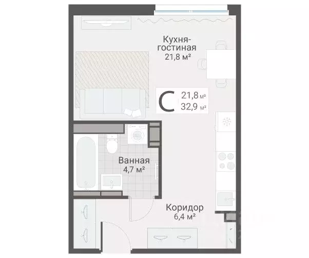 Студия Санкт-Петербург Актерский проезд, 2к2 (32.9 м) - Фото 1