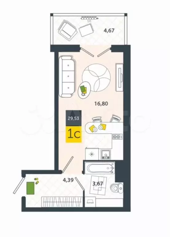 Квартира-студия, 29,5 м, 5/8 эт. - Фото 0