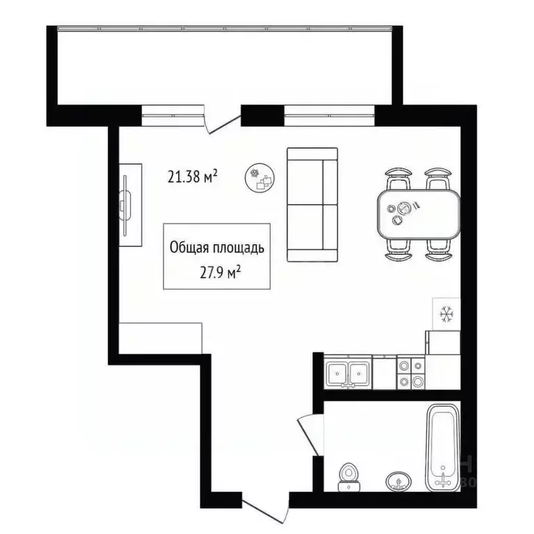 Студия Новосибирская область, Новосибирск Киевская ул., 16/1 (27.9 м) - Фото 1