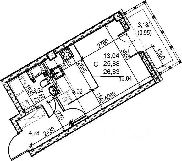 Студия Санкт-Петербург Ремесленная ул., 15 (27.3 м) - Фото 1