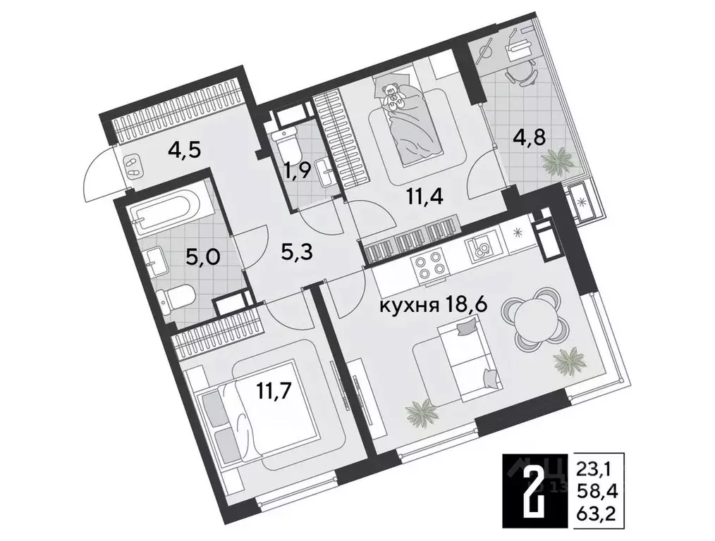 2-к кв. Краснодарский край, Краснодар Парк Победы мкр,  (63.2 м) - Фото 1