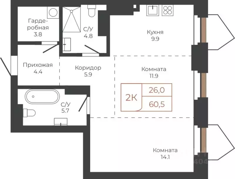 2-к кв. Алтайский край, Барнаул пл. Баварина, 8к1 (60.4 м) - Фото 1