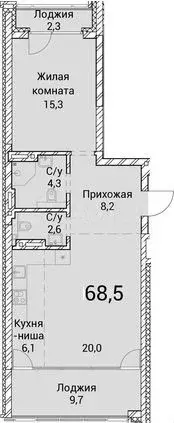 2-к. квартира, 68,5 м, 4/25 эт. - Фото 0