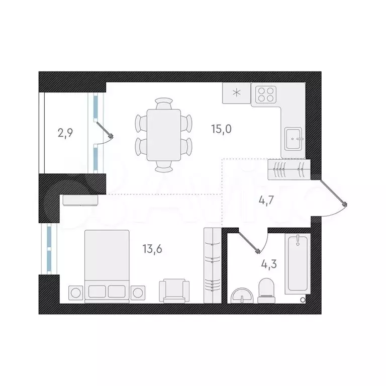 1-к. квартира, 37,6 м, 4/4 эт. - Фото 1