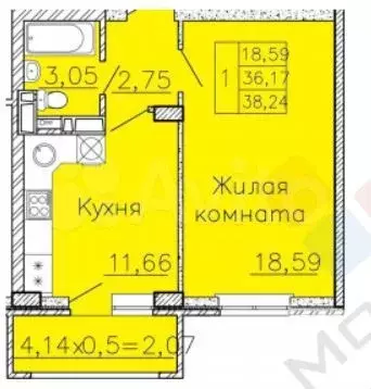 1-к. квартира, 36,5 м, 3/16 эт. - Фото 0