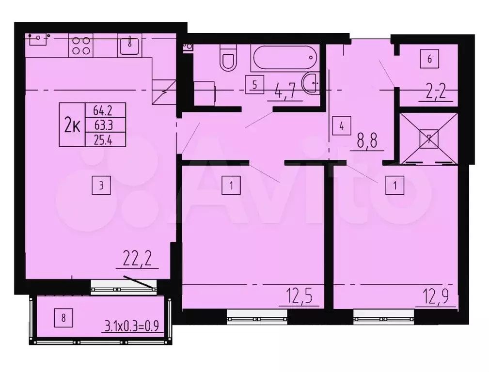 2-к. квартира, 64 м, 5/8 эт. - Фото 1