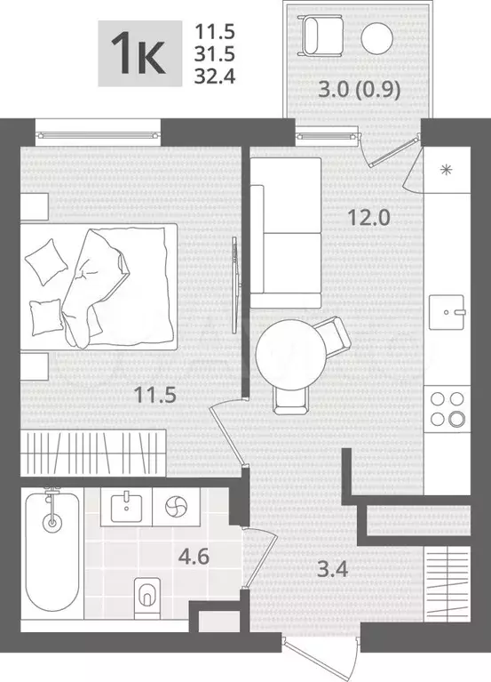 1-к. квартира, 32,4 м, 4/7 эт. - Фото 1