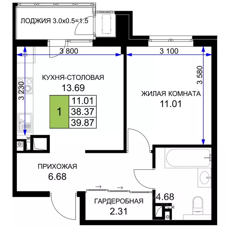 1-к кв. Краснодарский край, Краснодар  (39.87 м) - Фото 0