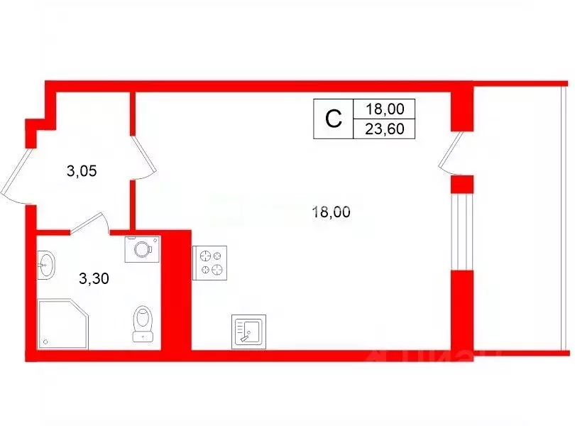 Студия Санкт-Петербург ул. Владимира Пчелинцева, 6к1 (23.6 м) - Фото 2