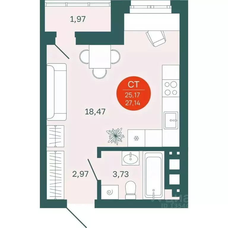 Студия Тюменская область, Тюмень Одесская ул., 7к2 (25.17 м) - Фото 0