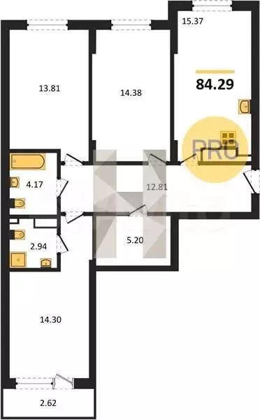 3-к. квартира, 84,3 м, 1/9 эт. - Фото 1