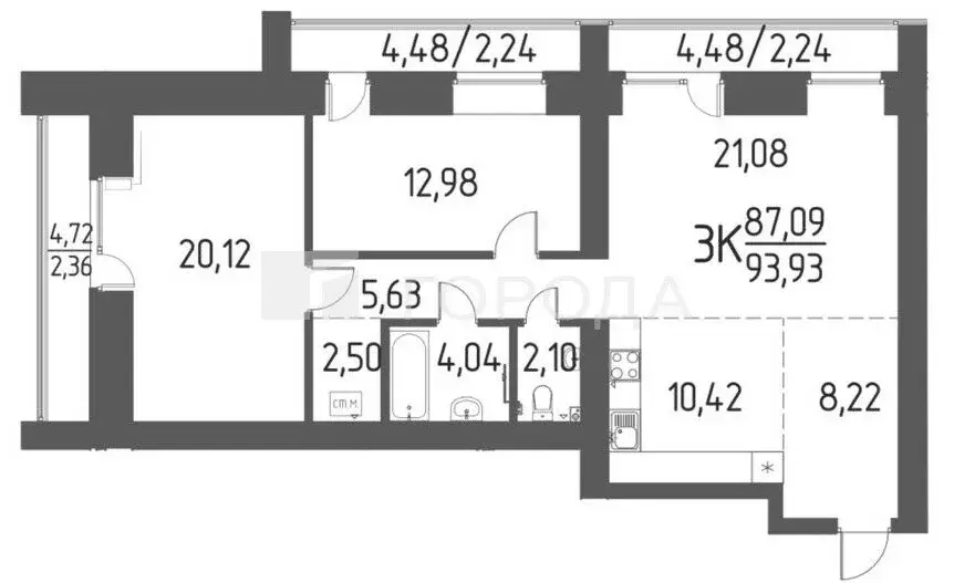 3-комнатная квартира: Кисловка, микрорайон Левобережный, улица Петра ... - Фото 1