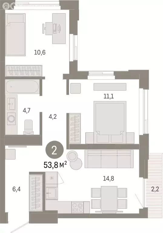 2-комнатная квартира: Тюмень, жилой комплекс Зарека (53.82 м) - Фото 1