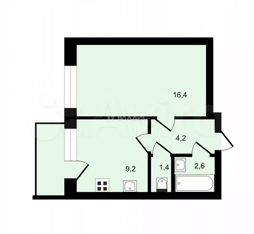 1-к. квартира, 33,8 м, 2/4 эт. - Фото 0
