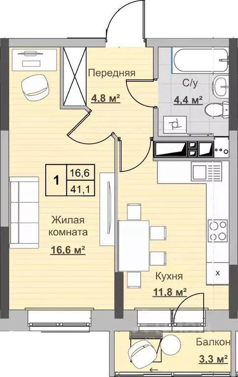 1-к кв. Удмуртия, Ижевск ул. Ухтомского (41.1 м) - Фото 0