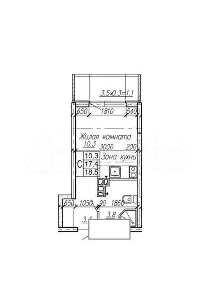 Квартира-студия, 18,5 м, 4/4 эт. - Фото 1