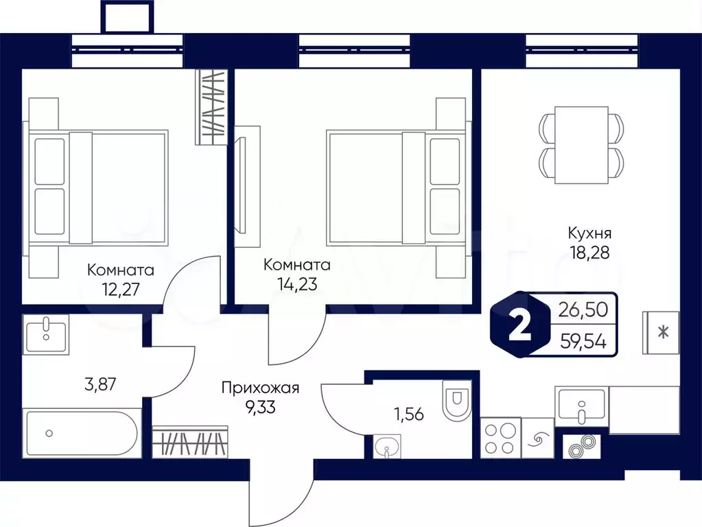 2-к. квартира, 59,5 м, 2/5 эт. - Фото 0