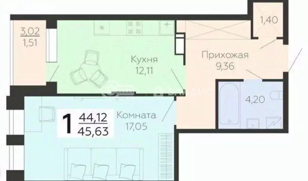 1-комнатная квартира: Воронеж, улица Независимости, 78к3 (45.6 м) - Фото 0