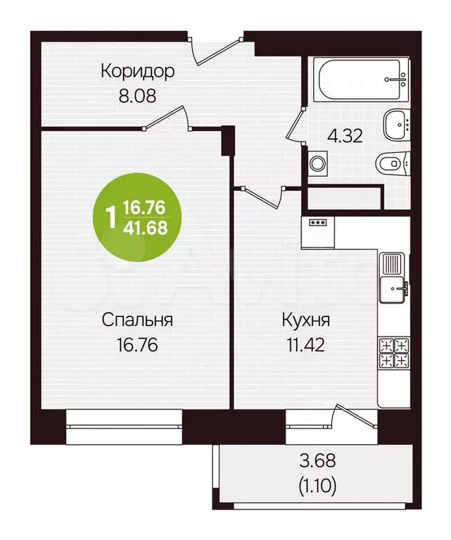 1-к. квартира, 41,7 м, 6/12 эт. - Фото 0
