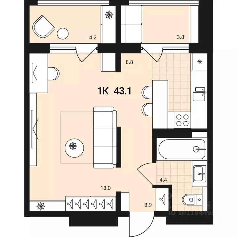 1-к кв. Новосибирская область, Обь Геодезическая ул., 29 (43.1 м) - Фото 0