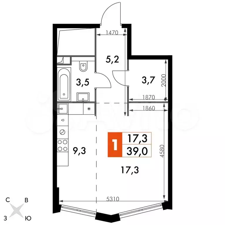 Квартира-студия, 39 м, 15/26 эт. - Фото 0