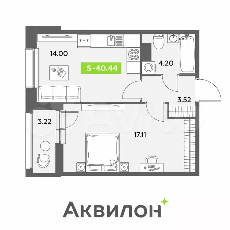 1-к. квартира, 40,4 м, 12/12 эт. - Фото 0