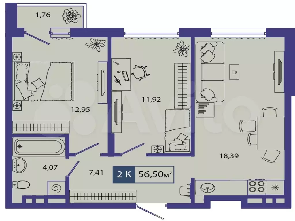 2-к. квартира, 56,5 м, 4/4 эт. - Фото 1